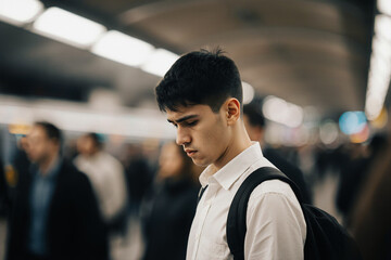 Fototapeta premium A thoughtful young man wearing a white shirt and backpack looks downward, isolated amidst a blurry, bustling urban transit environment.