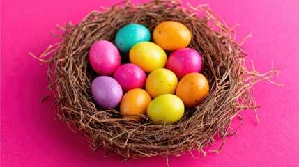 Obraz premium Colorful easter eggs in a nest on vibrant pink background.