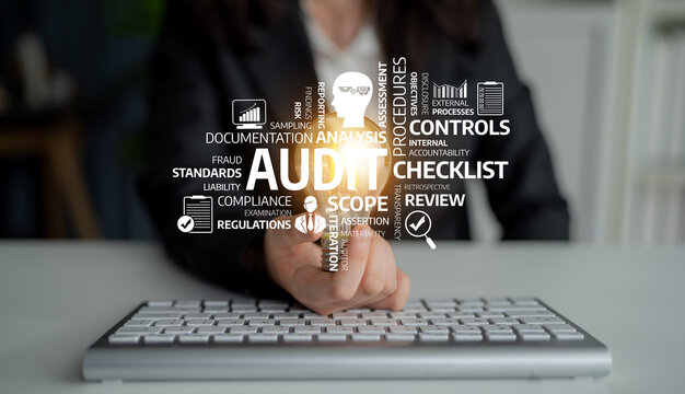 Conceptual image depicting audit procedures with checklist and key words. Ideal for illustrating compliance, review processes, and organizational efficiency. Tessel