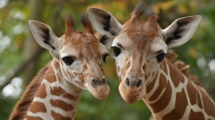 Obraz premium Two young giraffes with spotted coats in a natural habitat.