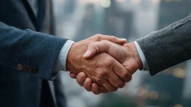 Successful male architect and business partner shaking hands after finalizing a deal at sunset in a modern cityscape setting