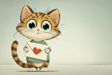 Fototapeta premium Little cartoon cat character with big eyes holding a white envelope featuring a red heart, symbolizing love, romance, valentine's day, and heartfelt messages