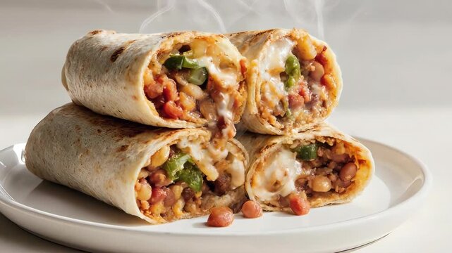 Stacked burritos with savory fillings and steam rising up