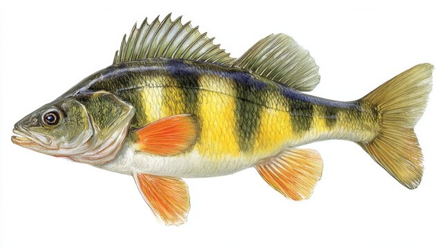 Detailed illustration of a yellow perch fish with distinctive stripes and fins.