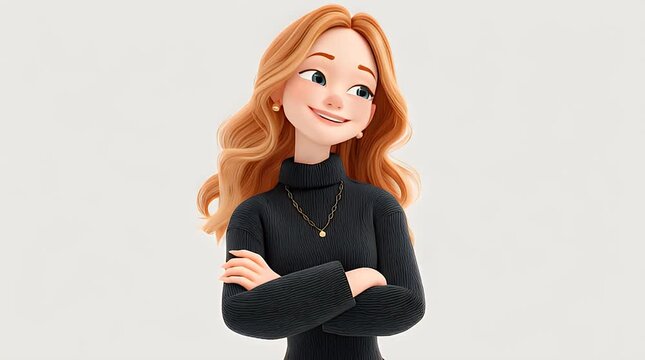 An animated woman with long red hair and a black turtleneck stands with arms crossed