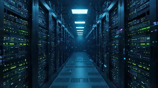 Server Room with Rows of Data Racks in Dim Blue Light Data Center Interior with Rows of Server Racks Featuring Digital Infrastructure Elements