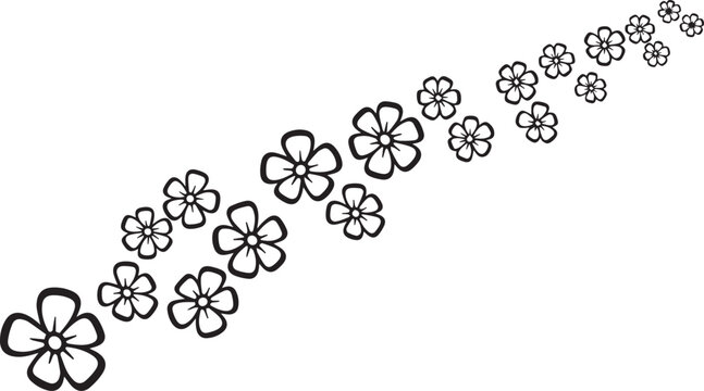 A black and white illustration of a stylized floral pattern with multiple small flowers in a diagonal line on a white background.