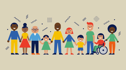 Unity in Diversity: Illustrating a unified community, this artwork depicts individuals from various backgrounds holding hands, celebrating inclusivity and equality. 