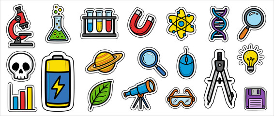 Science Icon Collection: A vibrant array of science-themed icons, perfect for educational materials, representing the key elements of scientific discovery and learning.