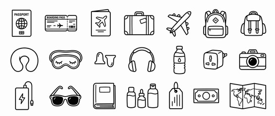 Travel and tourism outline icons set. Vector illustration of vacation symbols. Editable stroke line art for web design.