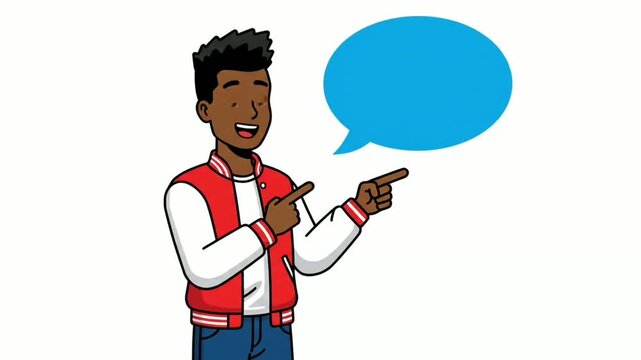 Animated young man in varsity jacket points to a blue speech bubble for communication