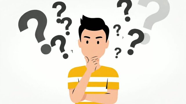 Animated sequence of a thoughtful man surrounded by question marks