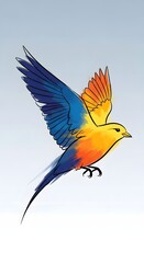 Obraz premium Vibrant watercolor illustration of a small songbird mid-flight featuring brilliant blue and warm orange feathers against a light sky background