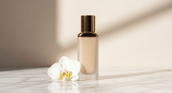 A sleek, frosted glass foundation bottle with a gold cap stands elegantly beside a pristine white orchid flower on a textured marble surface, illuminated by natural sunlight.