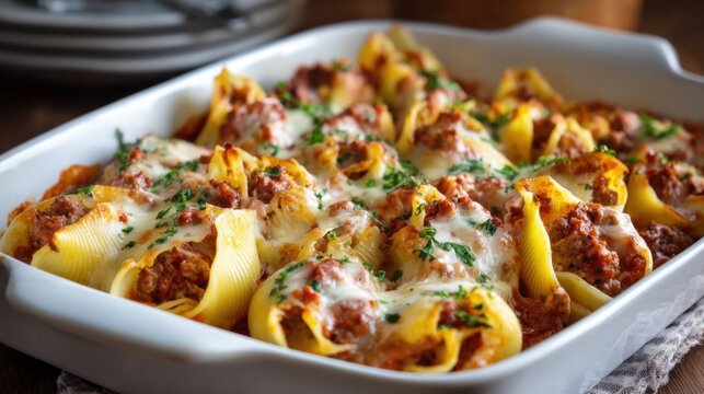 Cheesy stuffed pasta shells with meat sauce in white baking dish.
