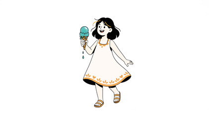 Fototapeta premium Girl walking with ice cream in summer dress. Flat design vector illustration of a happy child. Character isolated on white background