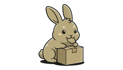 Rabbit chewing on a cardboard box. Cartoon vector illustration of a bunny gnawing on a package. Flat design character isolated on white background