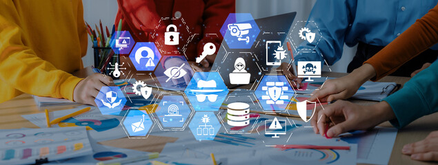 Cyber security icons show cyber attack defense, malware protection, and data security....