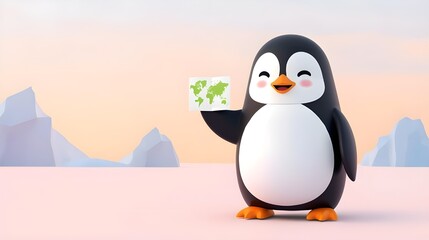 Obraz premium Cute Penguin Holding World Map, Climate Change Education Concept