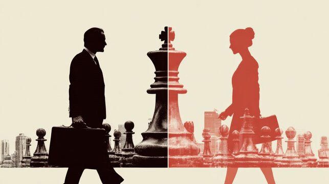 Two figures walk across a chessboard, representing conservative and aggressive business strategies in a modern setting.
