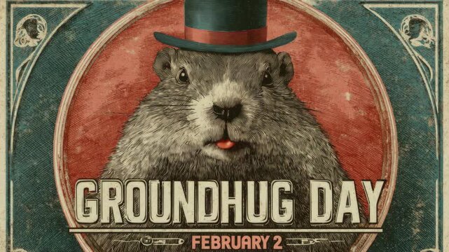 Vintage groundhog day poster with top hat and cheeky expression on february 2nd - celebrating weather prediction tradition