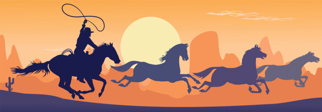 Cowboy with lasso and Herd of Wild Horses Running Fast. Mustang horse