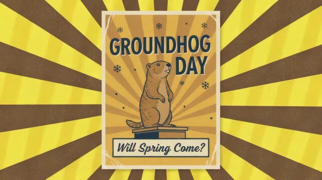 Retro groundhog day poster with groundhog on podium, snowflakes and sunburst background, asking will spring come? - celebration of seasonal prediction concept
