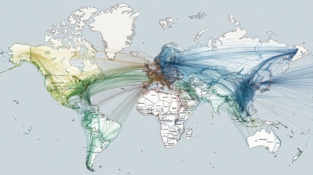 Global flight routes map depicting intercontinental air traffic connections.