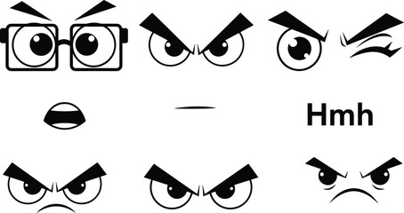 Angry cartoon eyes expression set, emotion face elements, furious glare, skeptical look, comic character reaction vector icons © Ideasy Mind