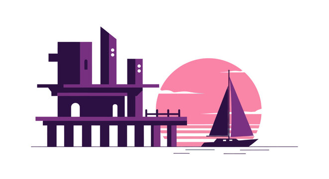Abstract geometric illustration of a structure and a sailboat at sunset