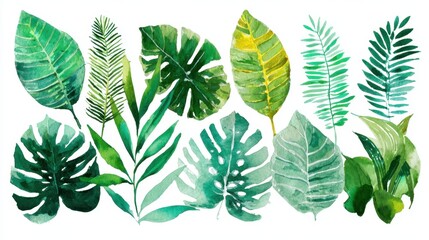 Fototapeta premium Tropical greenery: diverse watercolor leaf collection on white background.