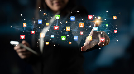 Social media interaction digital icons floating show concept of social media marketing. Online...