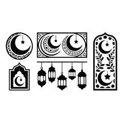 Intricate islamic artwork featuring crescents and lanterns isolated on white background, Vector