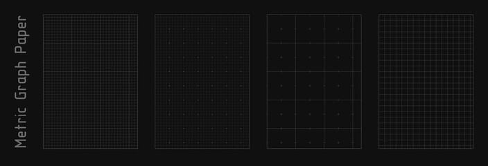 Blueprint black grids. Metric graph paper set. Blank mm sheets for technical drawing, engineering sketch, architectural design, school and mechanic project. Tech vertical pattern. Vector illustration