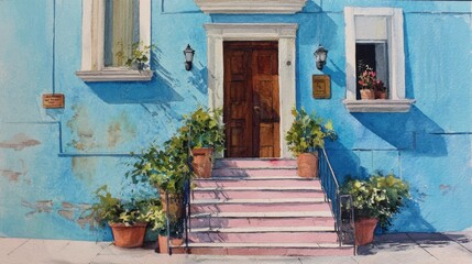Fototapeta premium Charming blue house entrance with wooden door and potted plants.