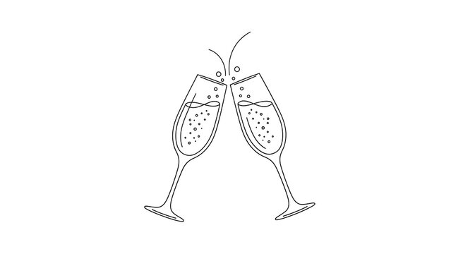 Linear illustration of two champagne glasses clinking. Bubbles and effervescence depicted
