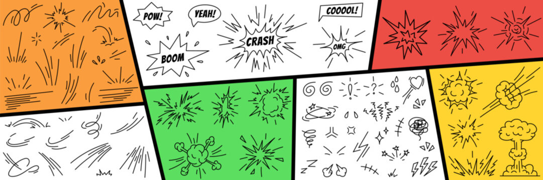 Comic superhero effects. Doodles of speed, action lines, fight, impact effects, SFX, emotional and explosion elements. Hand drawn icon set. Cartoon vector illustration isolated on a white background.