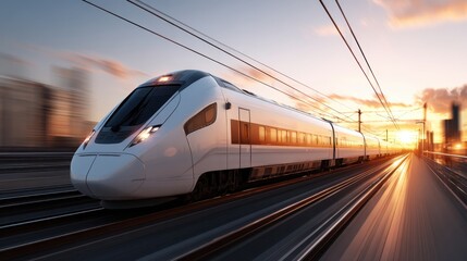 Fototapeta premium High-speed bullet train racing at sunset on railway tracks.