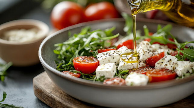 Fresh Greek salad with feta cheese, tomatoes, and arugula being drizzled with olive oil