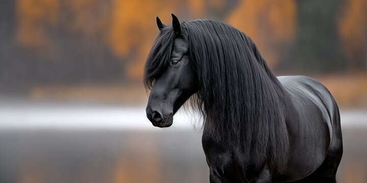 Elegant black Friesian horse with flowing mane standing by serene lake in beautiful autumn scenery