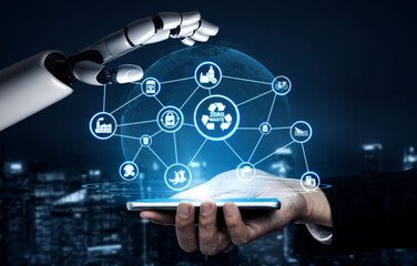 Obraz premium Artificial intelligence helps achieve zero waste goals by optimizing recycling processes. AI technology analyzes data to create sustainable solutions, promoting a zero waste future. Entice