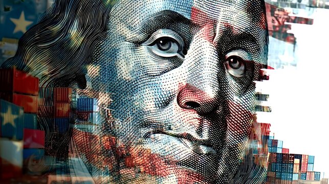 Benjamin franklin dollar face with global shipping containers