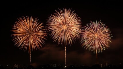 Spectacular nighttime fireworks display with radiant bursts of colorful light.