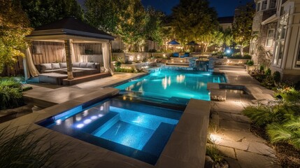 Fototapeta premium Luxury modern pool with illuminated jacuzzi and elegant outdoor seating.
