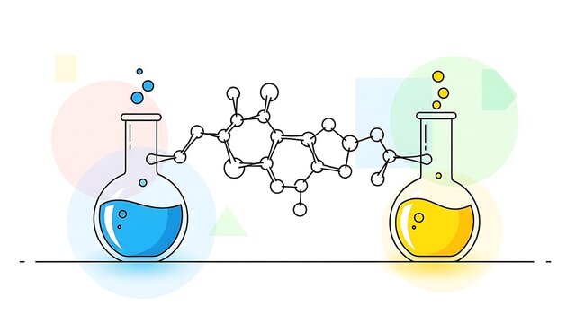 Colorful illustration depicts chemical reaction between two flasks and molecular structure