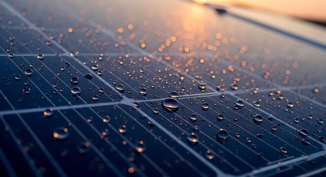 Close up of blue solar panel covered in fresh water droplets reflecting warm sunset light rays