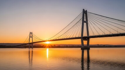 Obraz premium A modern cable-stayed bridge spans calm water reflecting the orange sunset sky