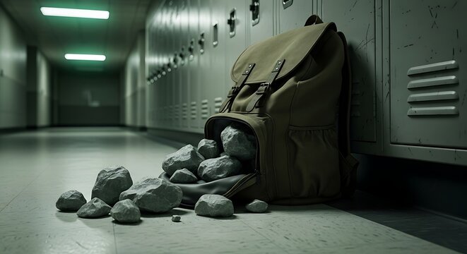 Backpack overflowing with large rocks in a school hallway near lockers representing heavy burden