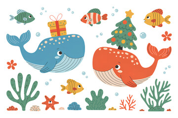 Obraz premium Cute cartoon underwater world with whales and fish christmas vector illustration for kids design or decor