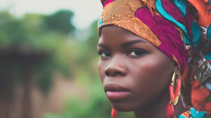 Naklejka premium Woman in headscarf stands outdoors with focused expression in natural light